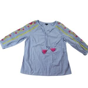 Talbots Blue Cotton Embroidered 3/4 Sleeve Popover Boho Tassel Top Size L